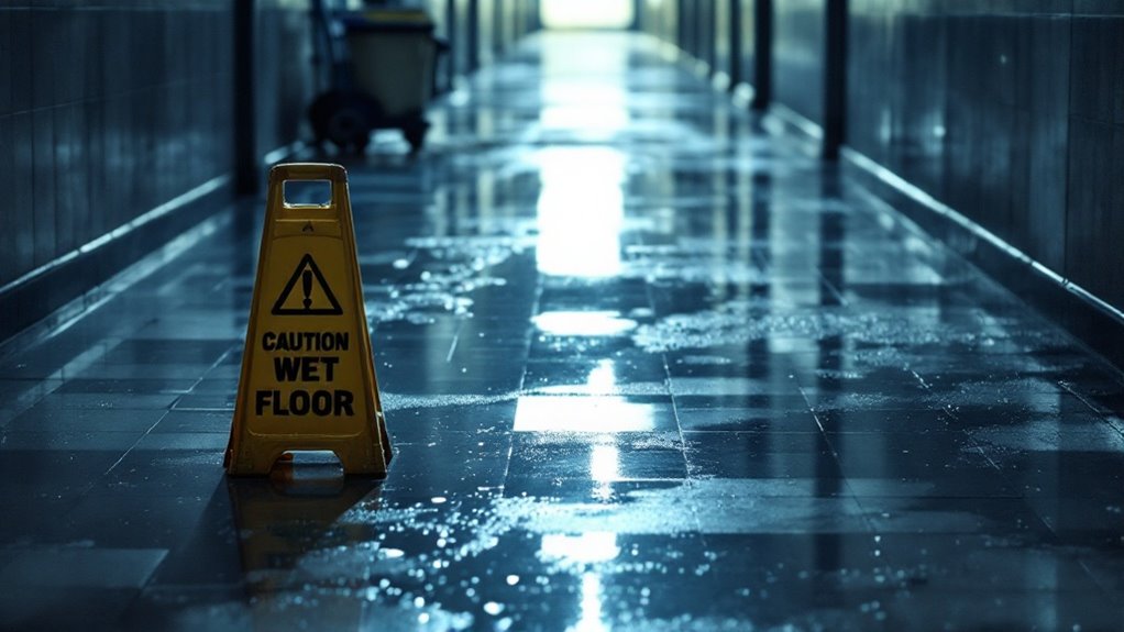 A wet, slippery hallway in a commercial building.