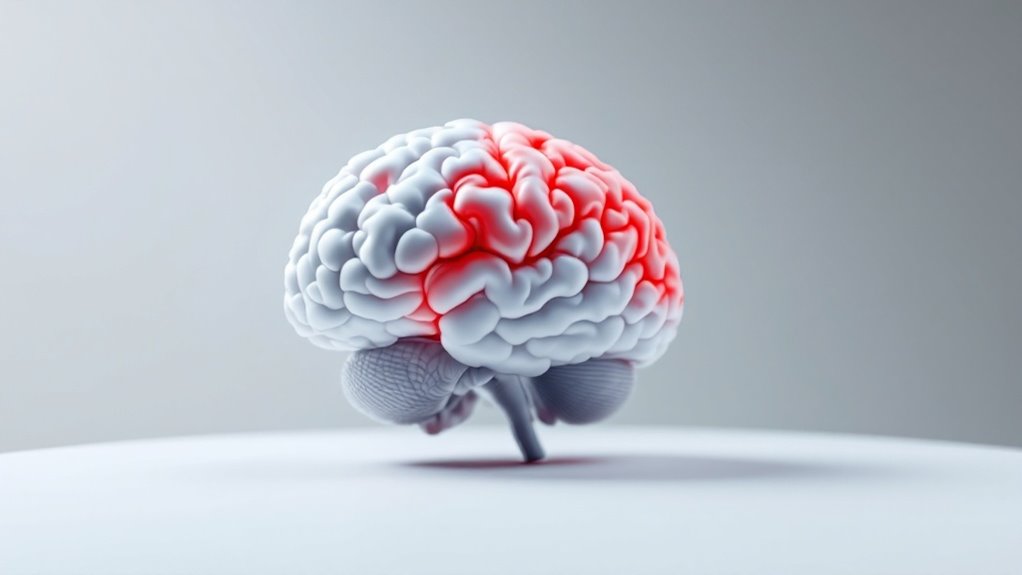 A white brain model with the right hemisphere marked in vibrant red to signify a traumatic injury.